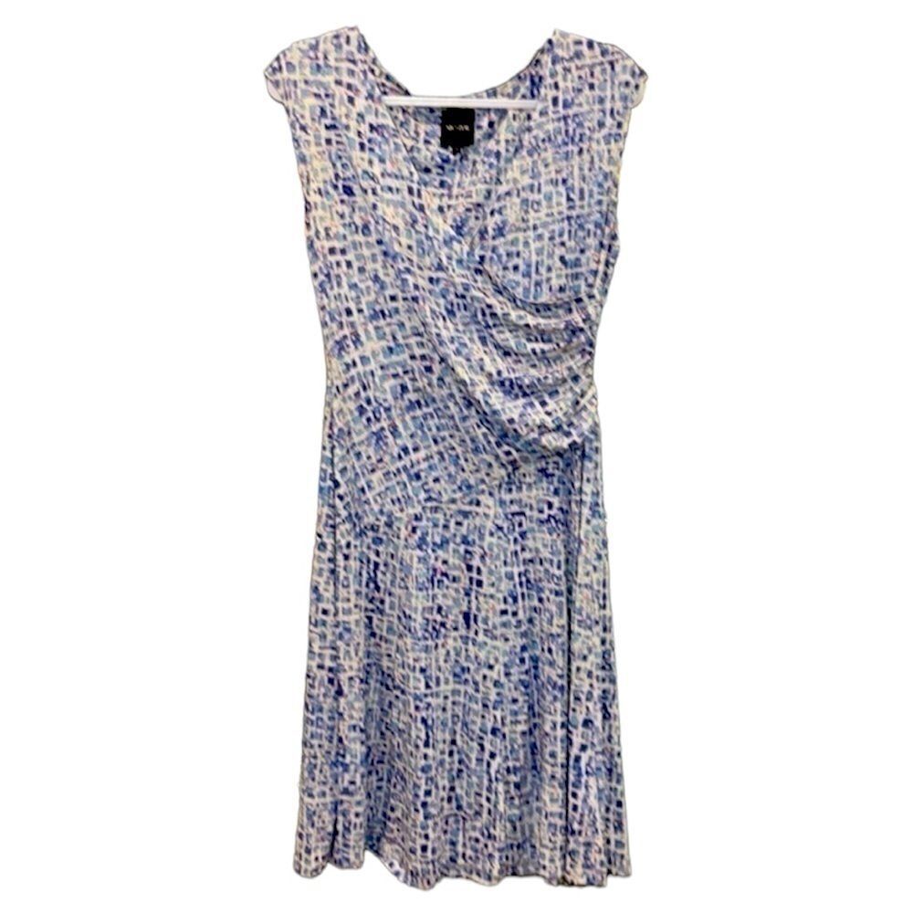 NIC+ZOE Sky Blue Print Faux Wrap Linen Blend Ruched Mosaic Stretch Dress M